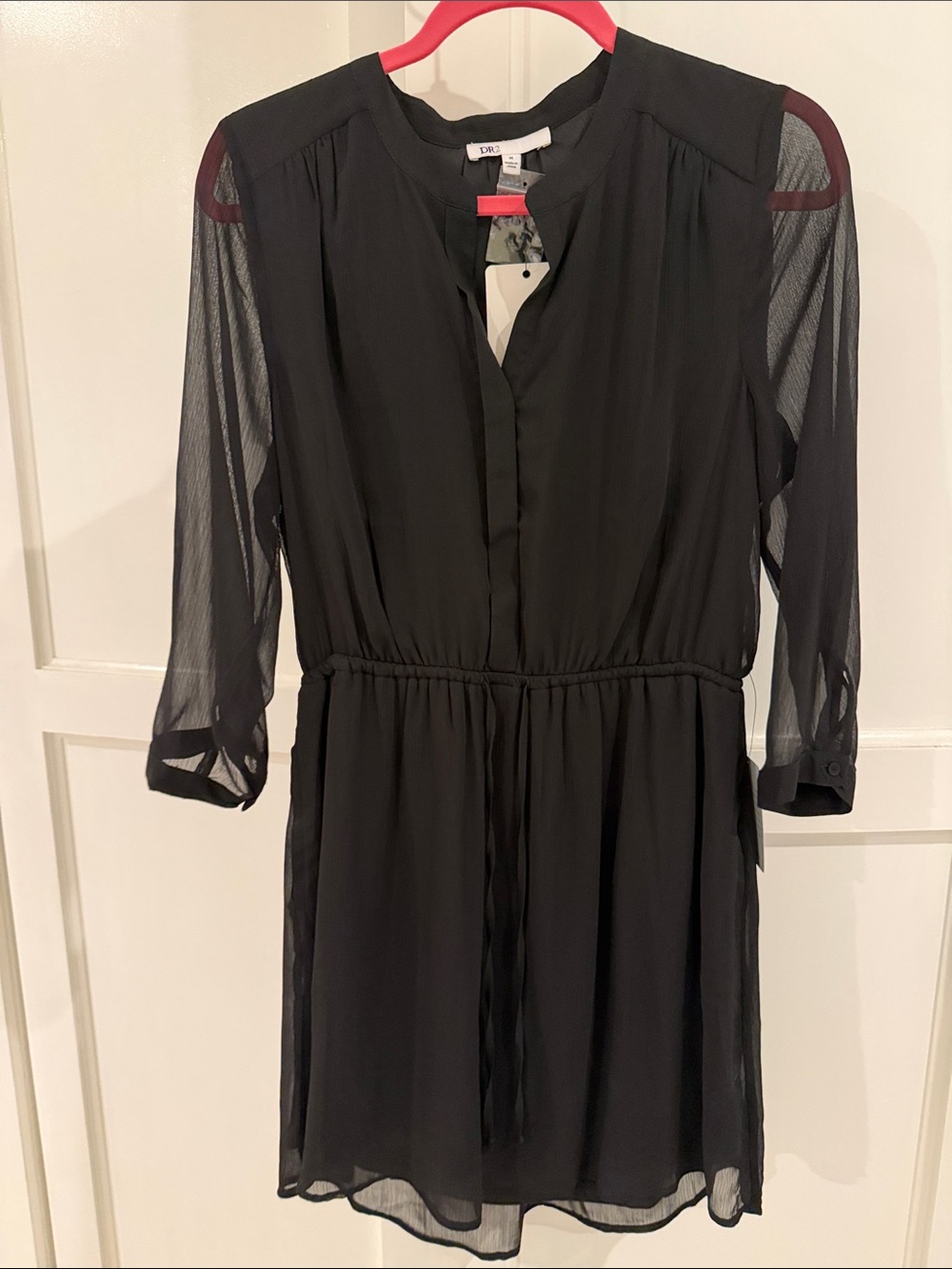 DR2 Black Chiffon Long-Sleeve Waist-Tie Dress
